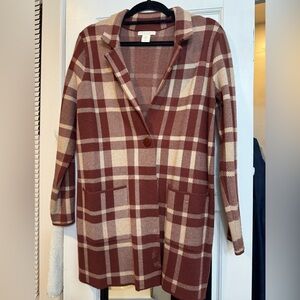 Christian Siriano Rust and Cream Plaid Long Coatigan